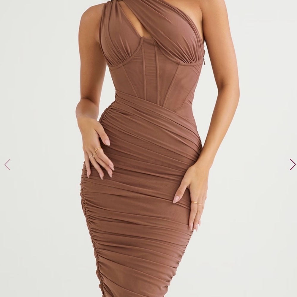 House of CB Valentina Asymmetric Cutout Midi Dress (S Plus Cup)